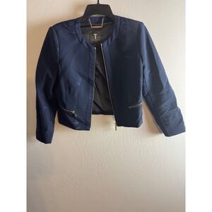 Ted Baker London Navy Blue Floral Embroidered Zip Front Bomber Jacket Size 2